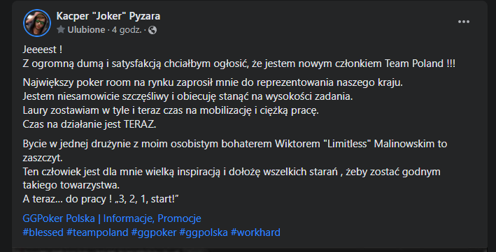 Kacper Pyzara ogłasza dołączenie do GGPoker Team Poland na Facebooku